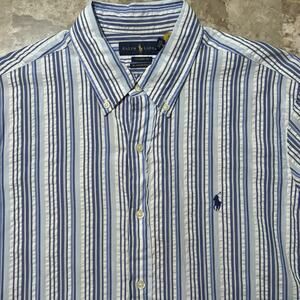 Polo Ralph Lauren Shirt Mens Large Blue Seersucker Classic Untucked Fit Basic